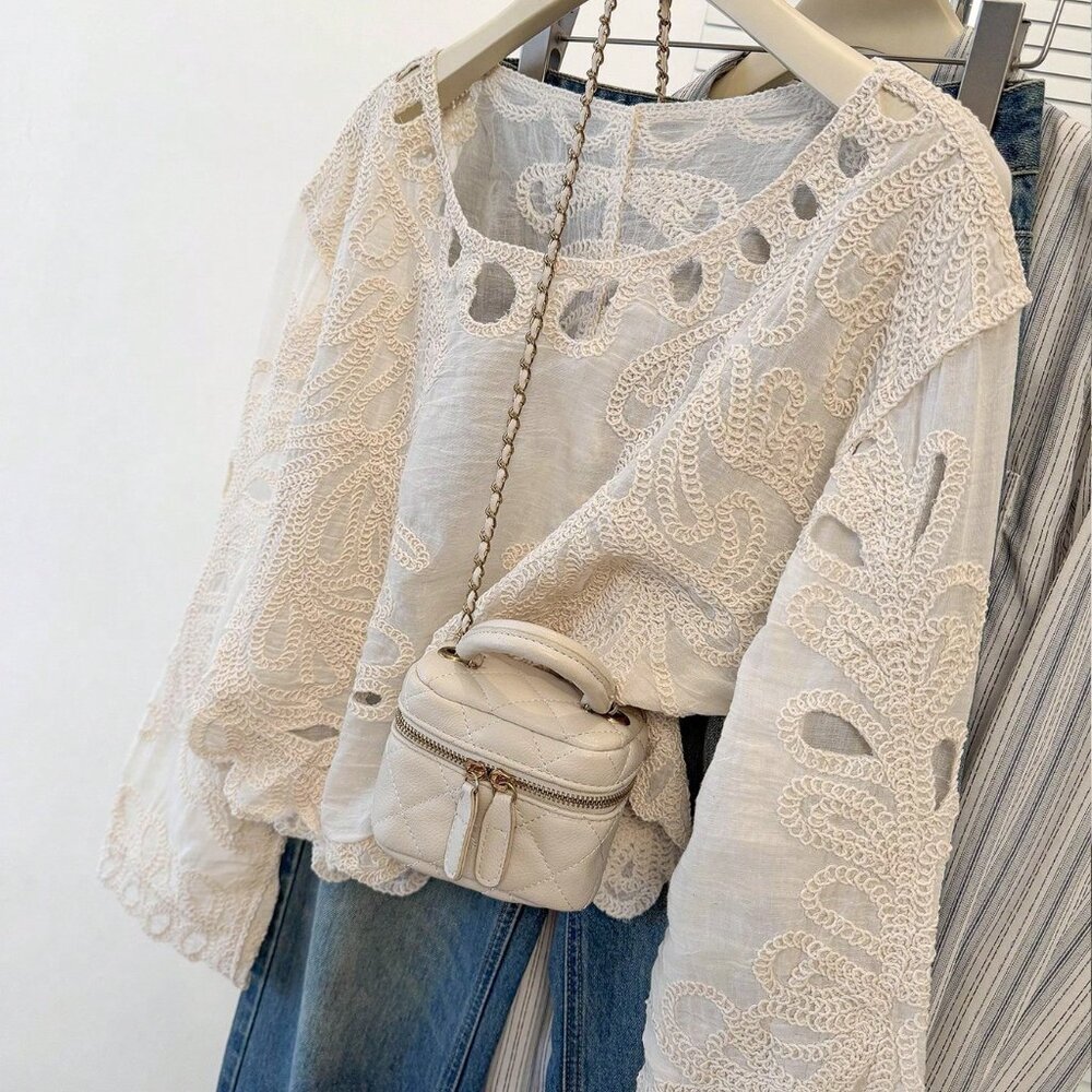 Apricot Boho Casual Women's Long Sleeve Lace Blouse - Picture 7 of 8